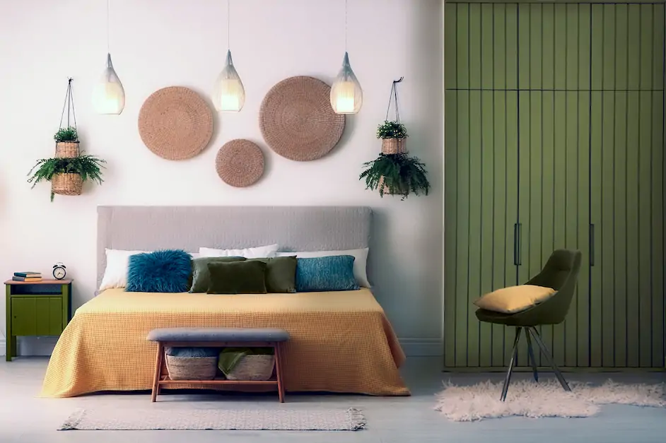 A green wardrobe in a cream themed bedroom, the wardrobe has a panelling effect on the doors