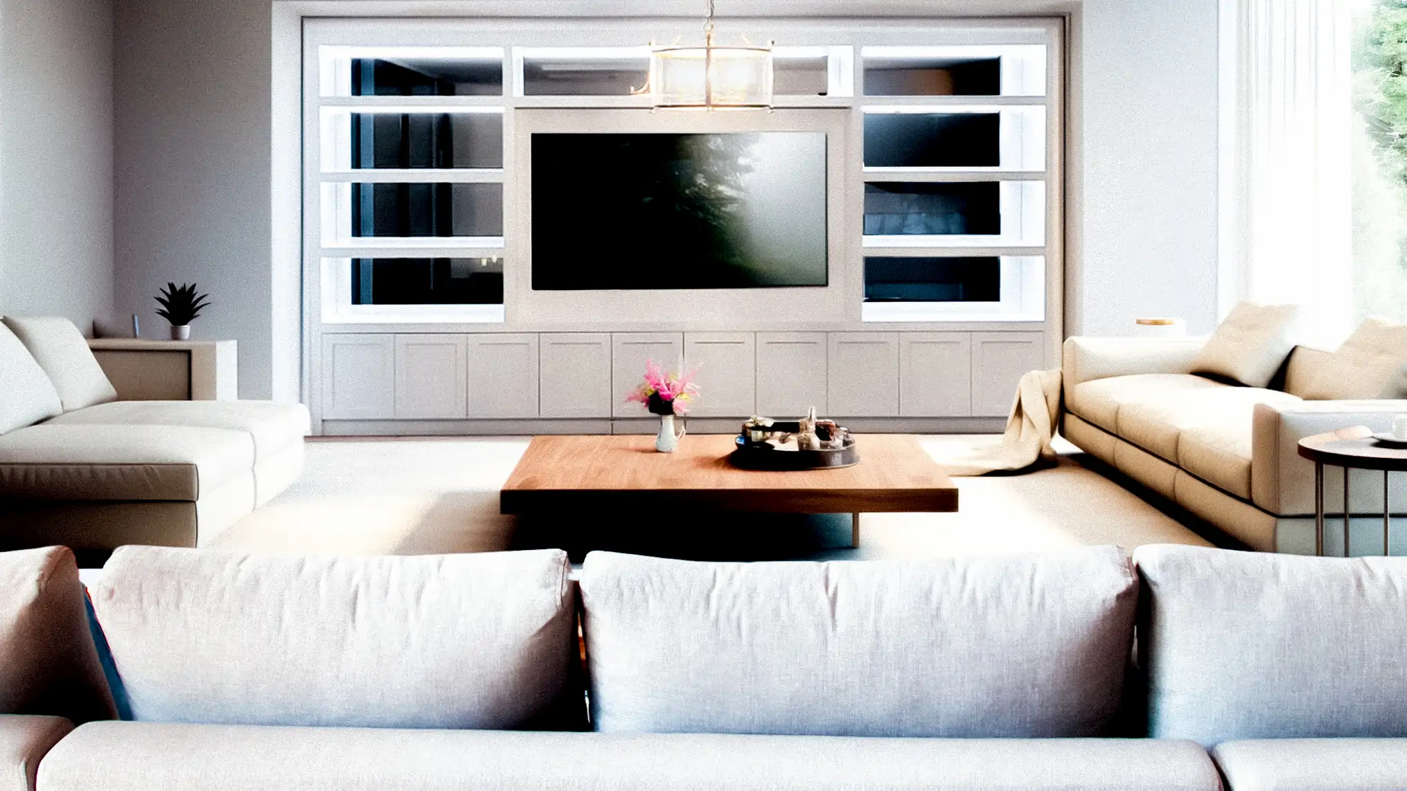 Large white media wall unit in a large living room with creme sofas and a brown coffee table inthe middle