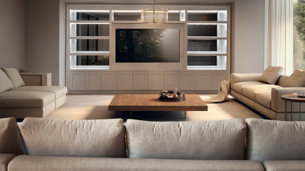 Large white media wall unit in a large living room with creme sofas and a brown coffee table inthe middle