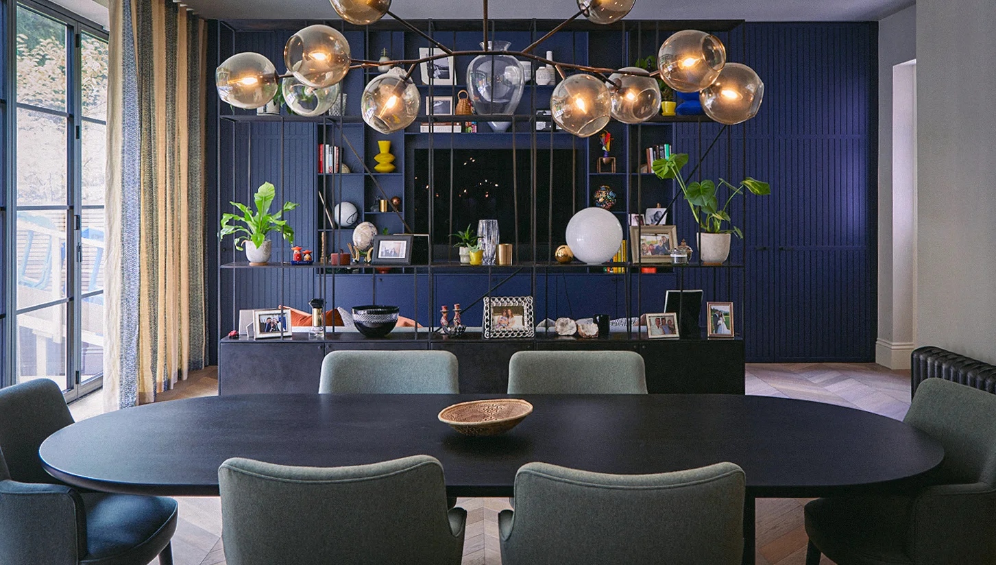Alternate angle of the blue media wall and shelving